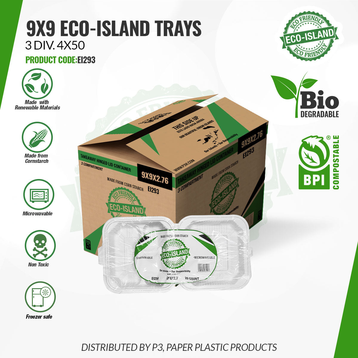 9x9 Eco-Island 3Div. Trays 4/50