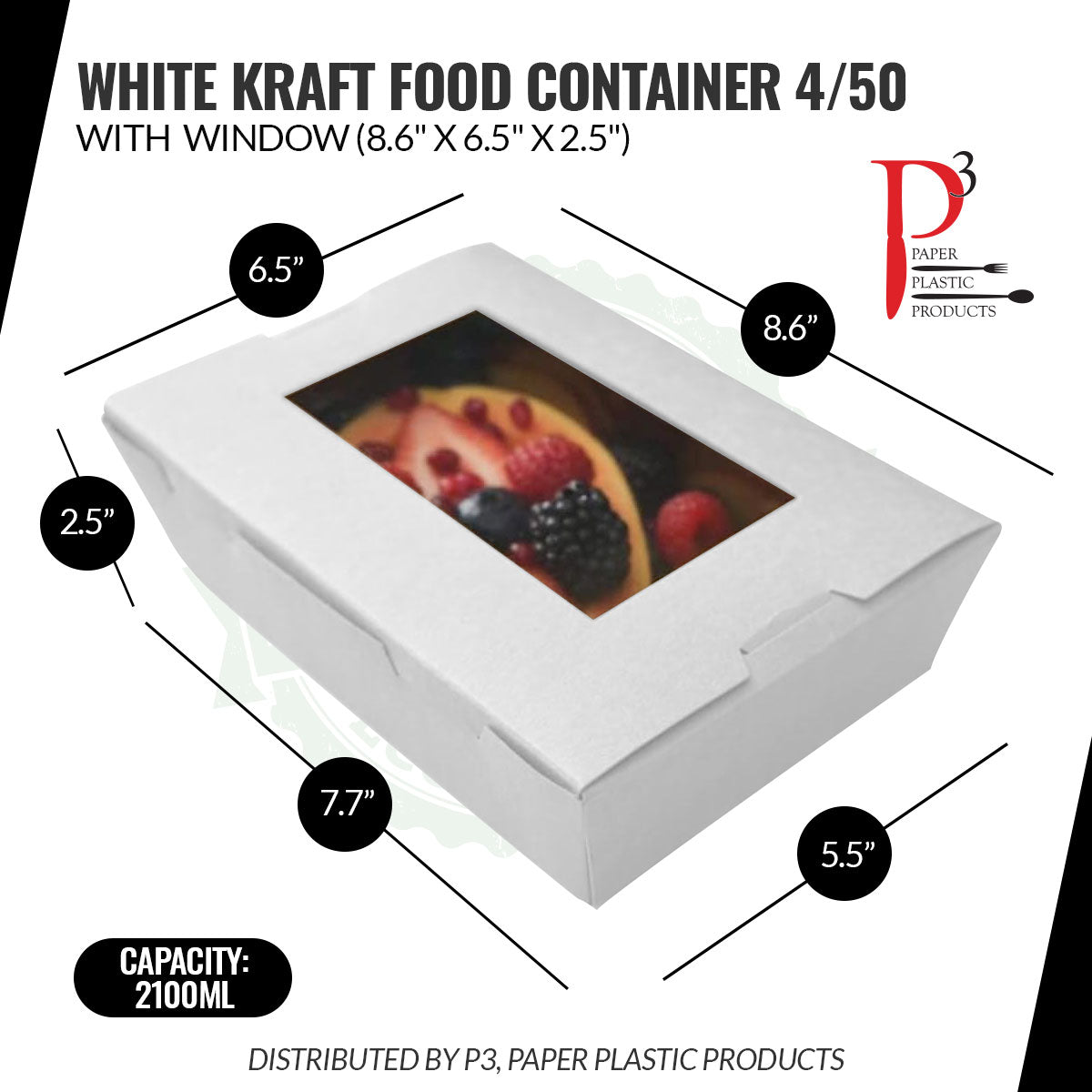 Kraft Food Container White with window 8.6" x 6.5" x 2.5" 4/50