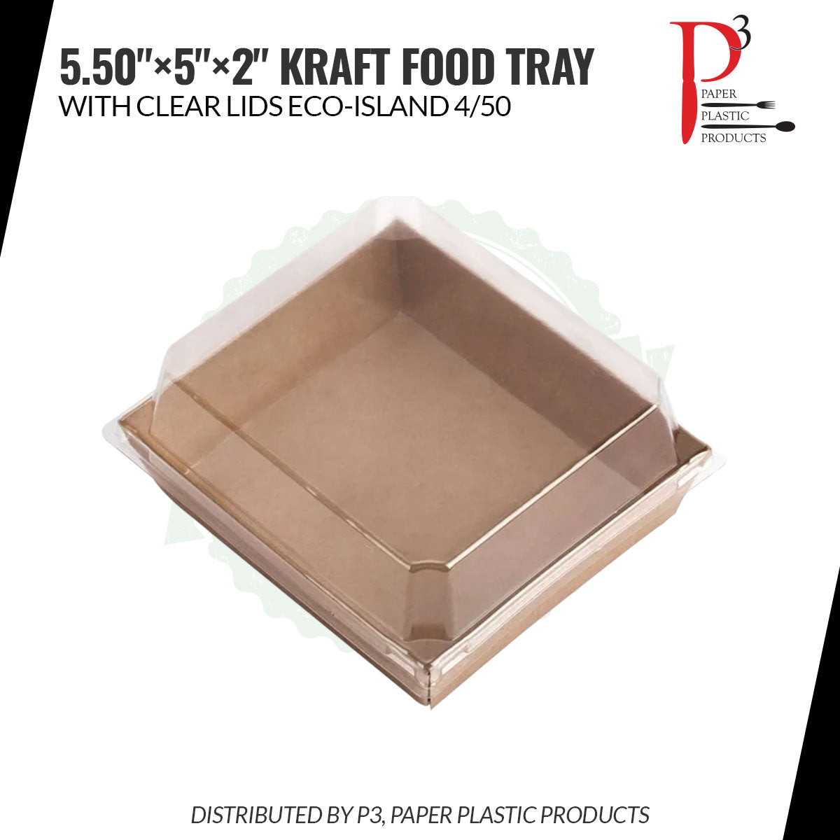 Kraft Food Tray 5.50"x5"x2" with clear lids Eco-Island 4/50