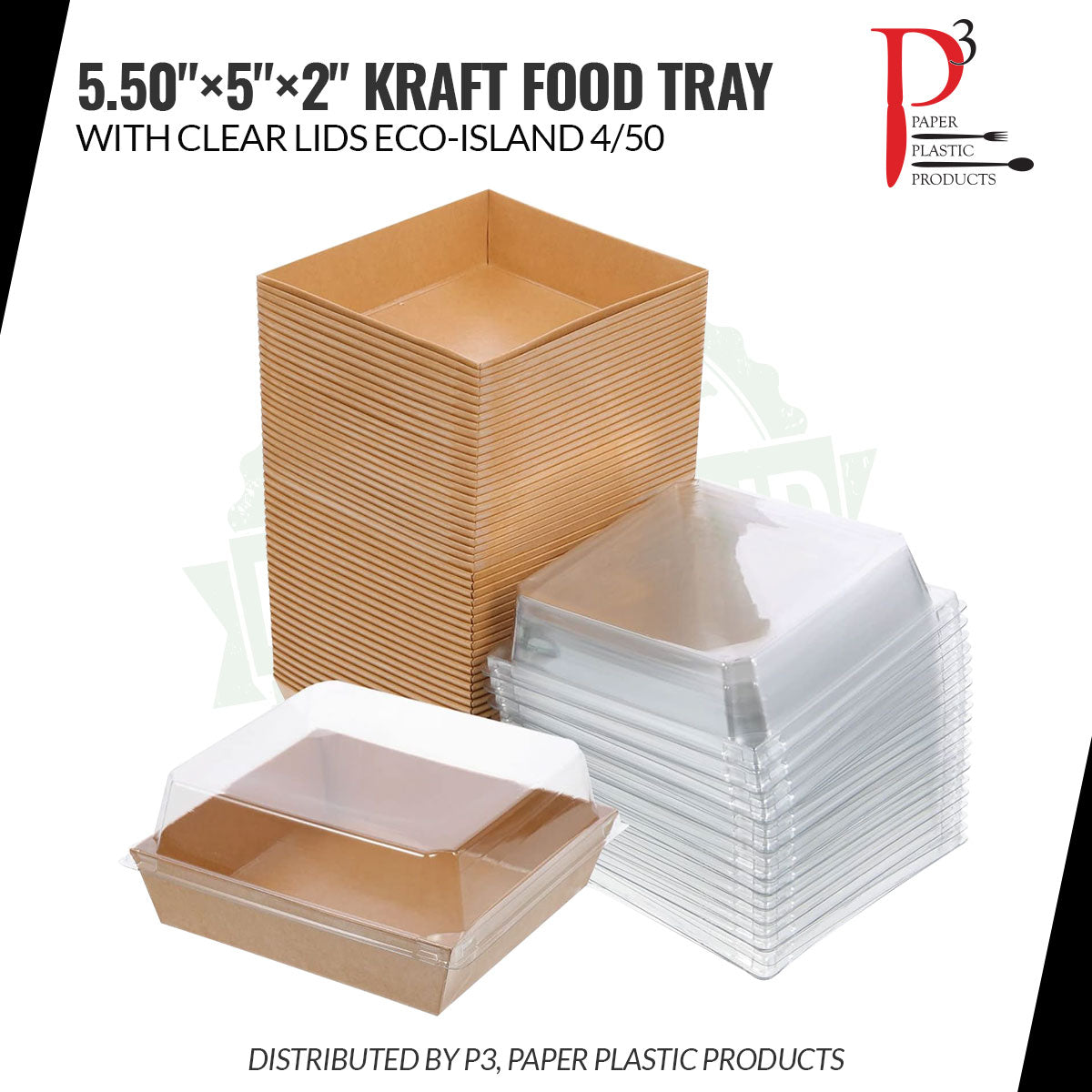 Kraft Food Tray 5.50"x5"x2" with clear lids Eco-Island 4/50