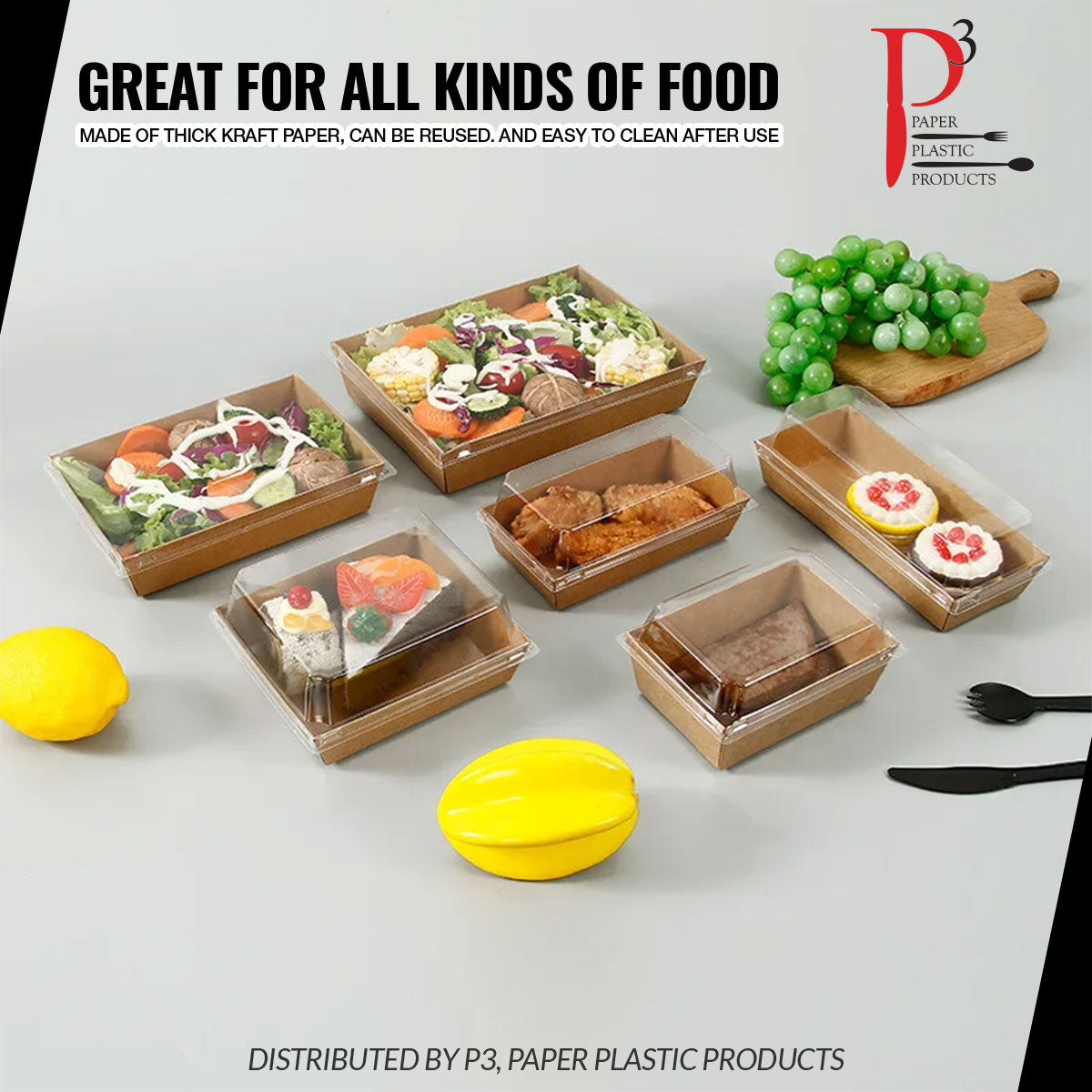Kraft Food Tray 5.50"x5"x2" with clear lids Eco-Island 4/50