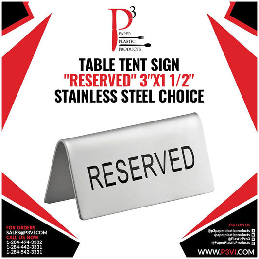 Table Tent Sign "Reserved " 3"x1 1/2" Stainless Steel Choice 1/1