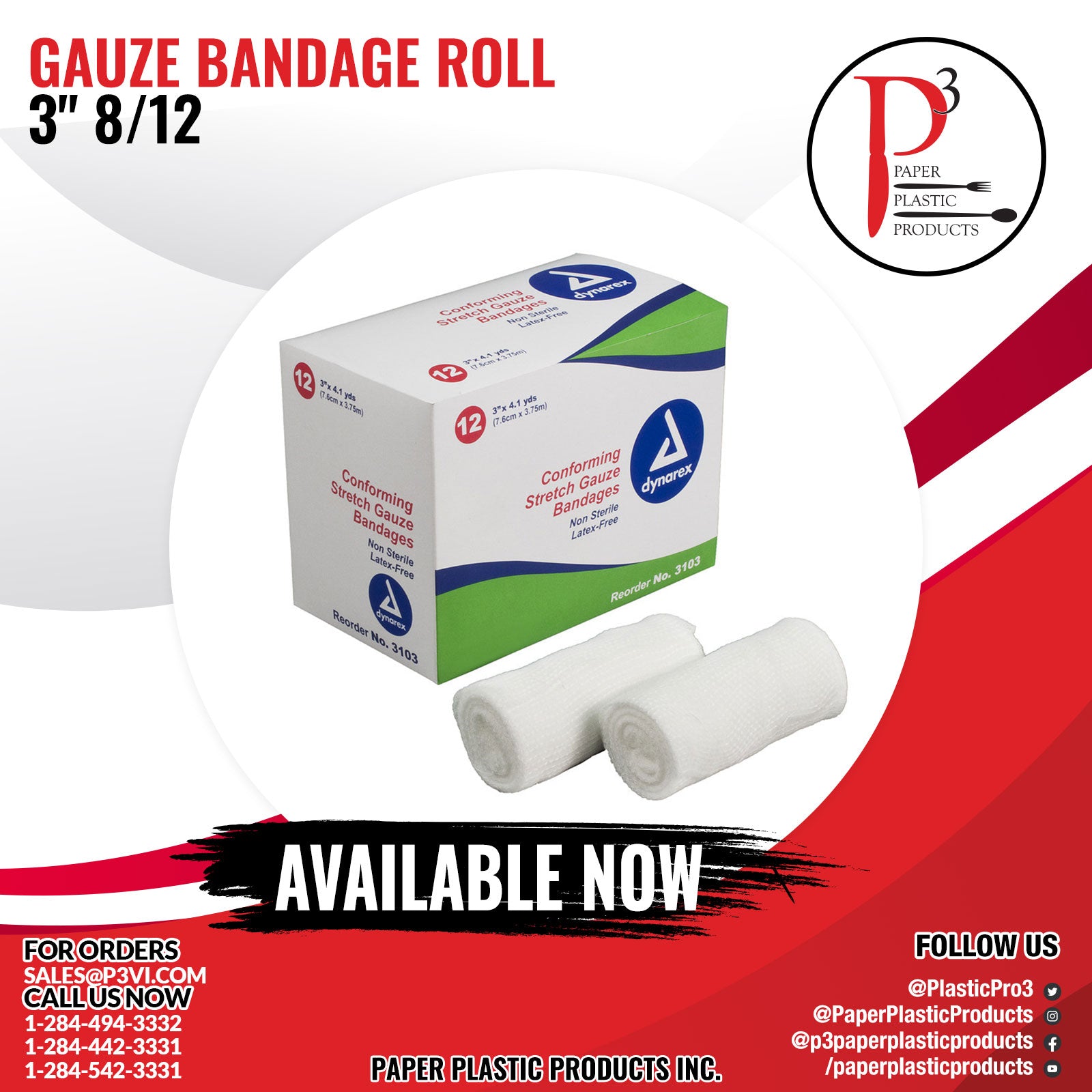 Gauze Bandage Roll 3" 8/12