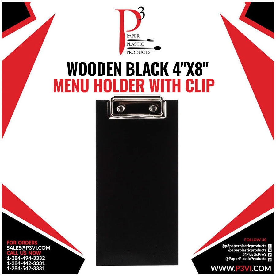 Wooden Black 4"x8" Menu Holder with Clip Choice 1/1