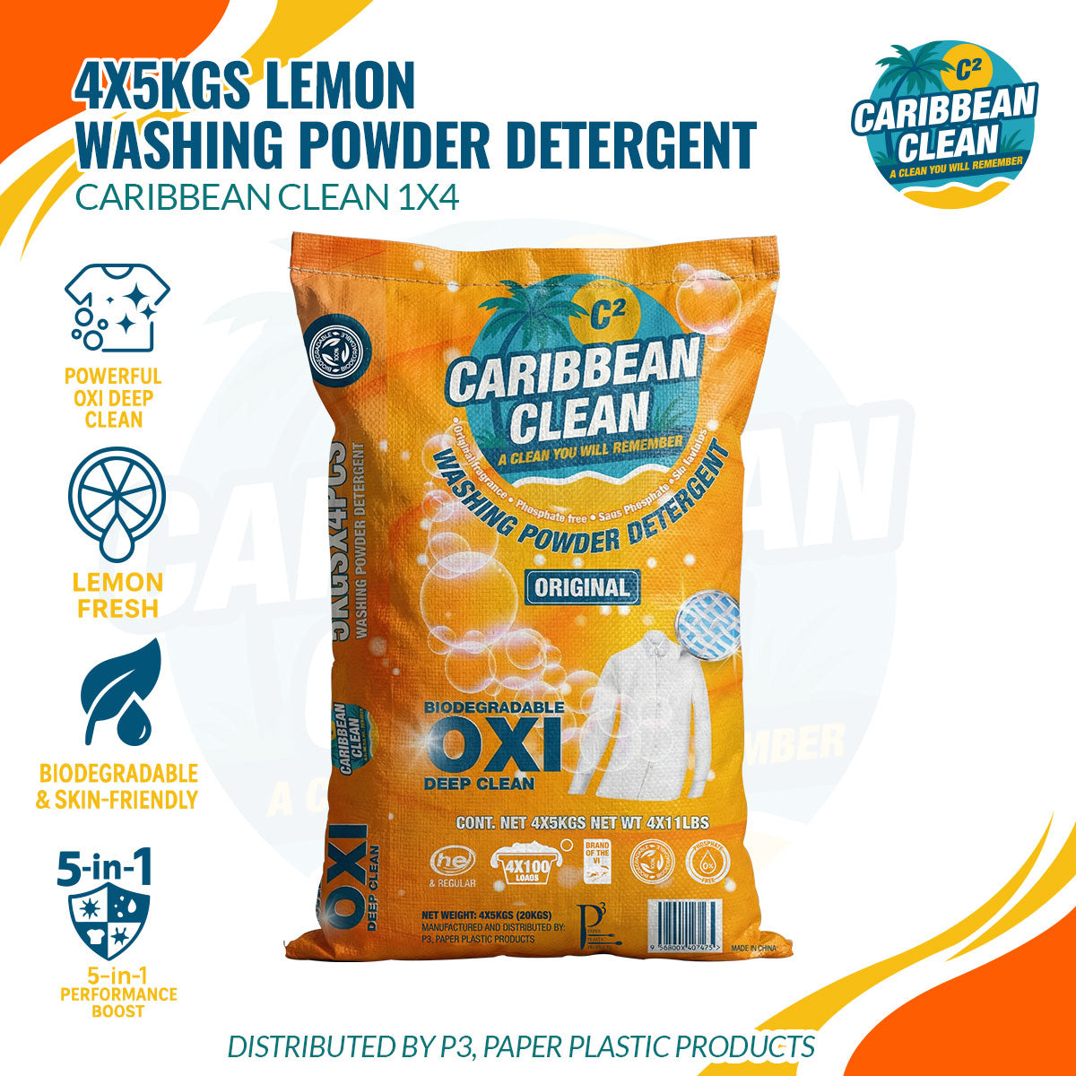 Washing Powder Detergent Lemon Caribbean Clean 5kgs. 4/1 | CCP10009 | CCWP5KG4