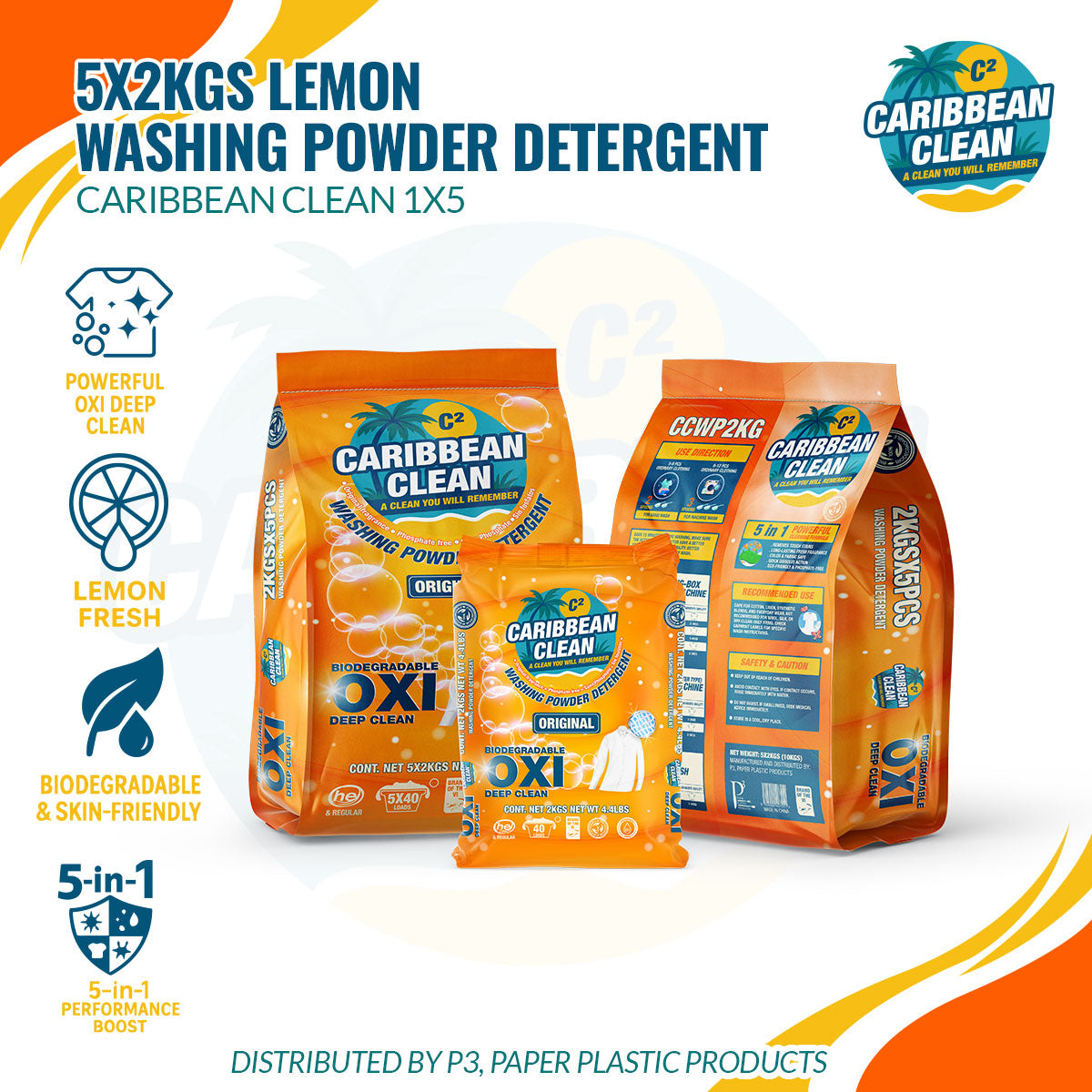 Washing Powder Detergent Lemon Caribbean Clean 2kgs. 1/5 | CCWP10008 | CCWP2KG4