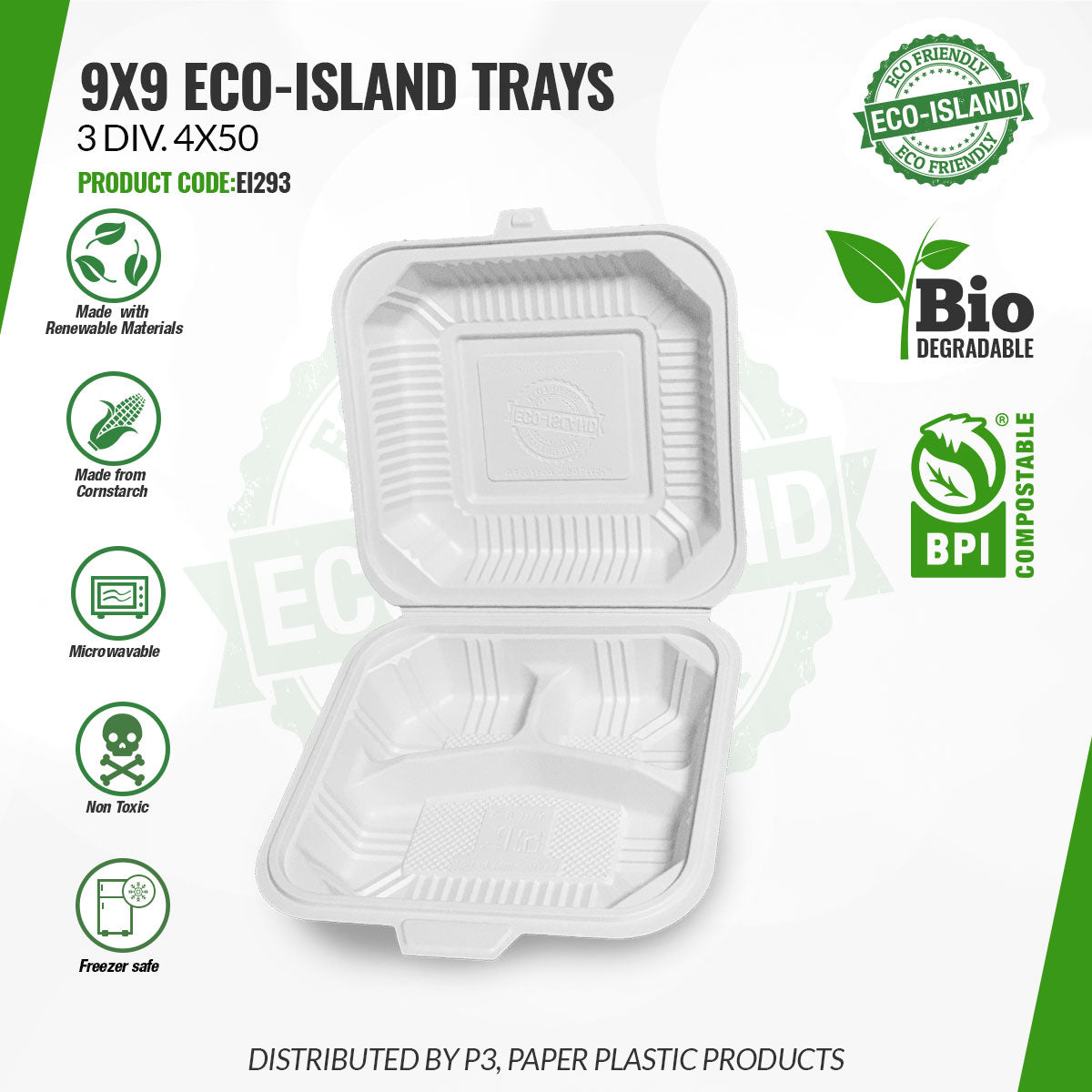 9x9 Eco-Island 3Div. Trays 4/50