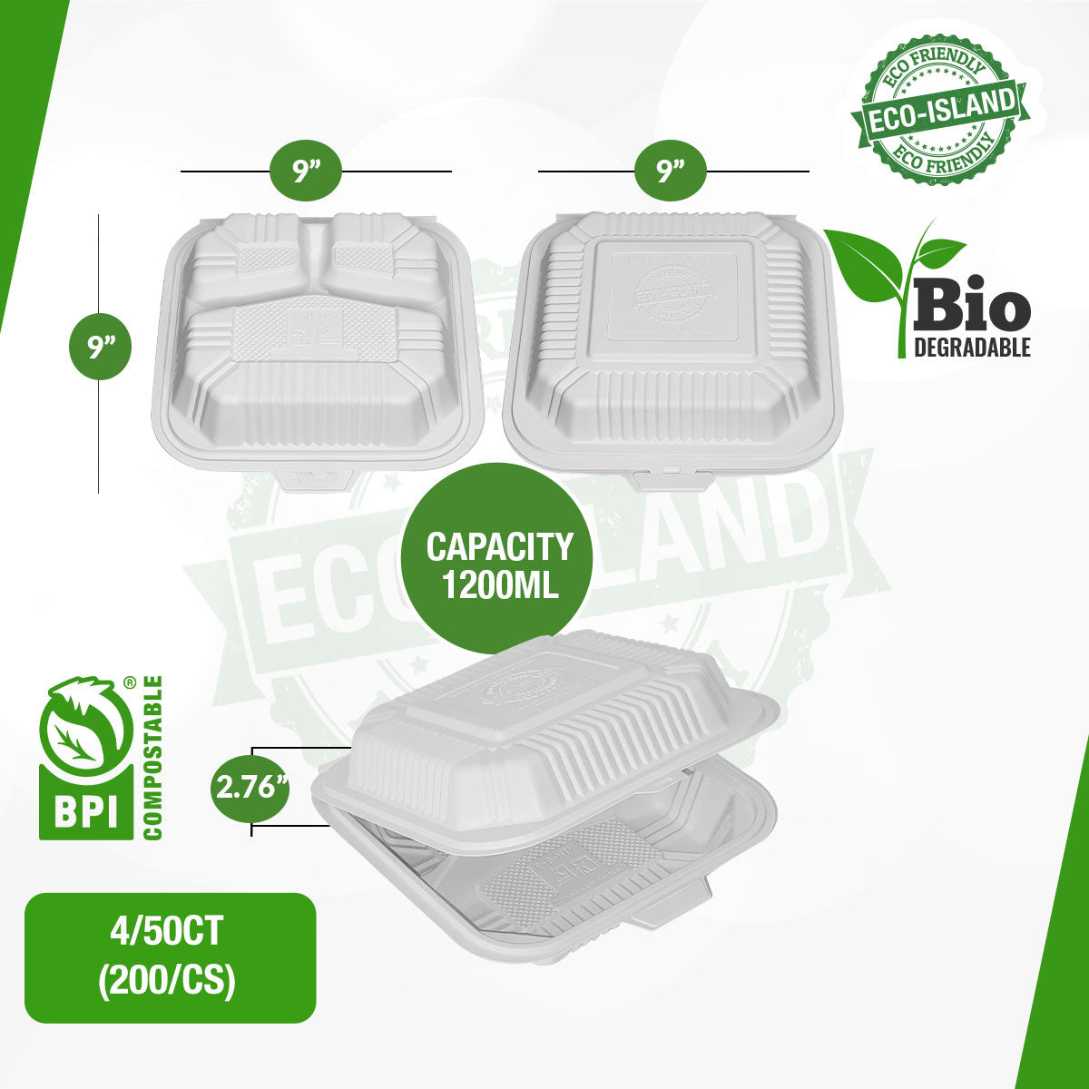 9x9 Eco-Island 3Div. Trays 4/50