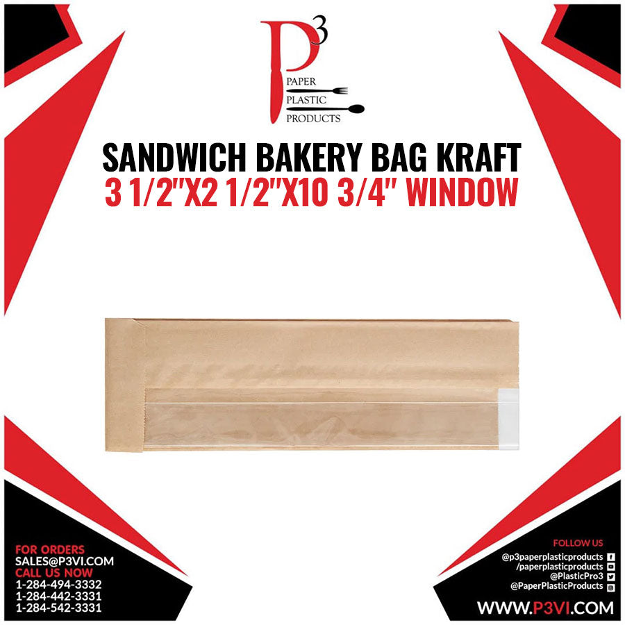 Sandwich Bakery Bag Kraft 3 1/2"x2 1/2"x10 3/4" Window 1/500