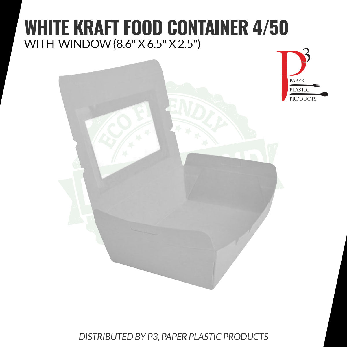 Kraft Food Container White with window 8.6" x 6.5" x 2.5" 4/50