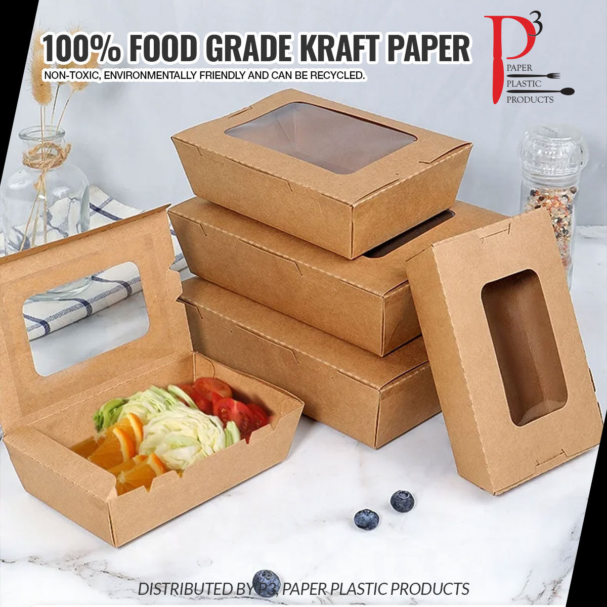 Kraft Food Container with window 8.6" x 6.5" x 2.5" 4/50