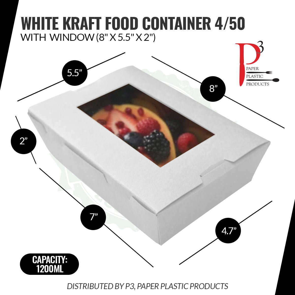 Kraft Food Container White with window 8" x 5.5" x 2" 4/50