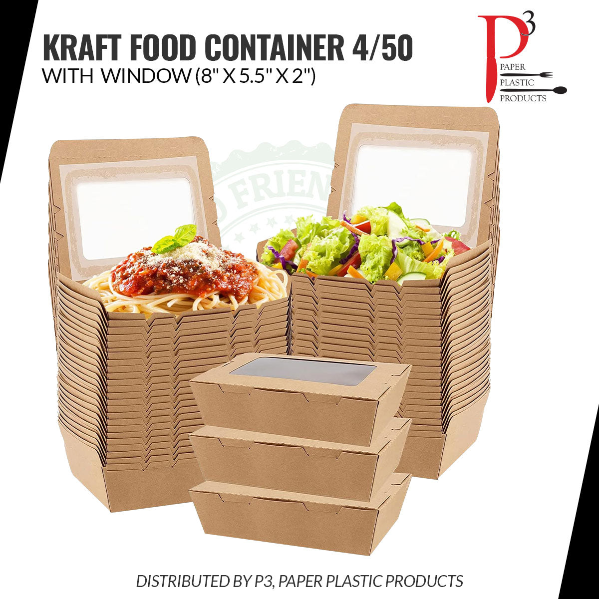 Kraft Food Container with window 8" x 5.5" x 2" 4/50
