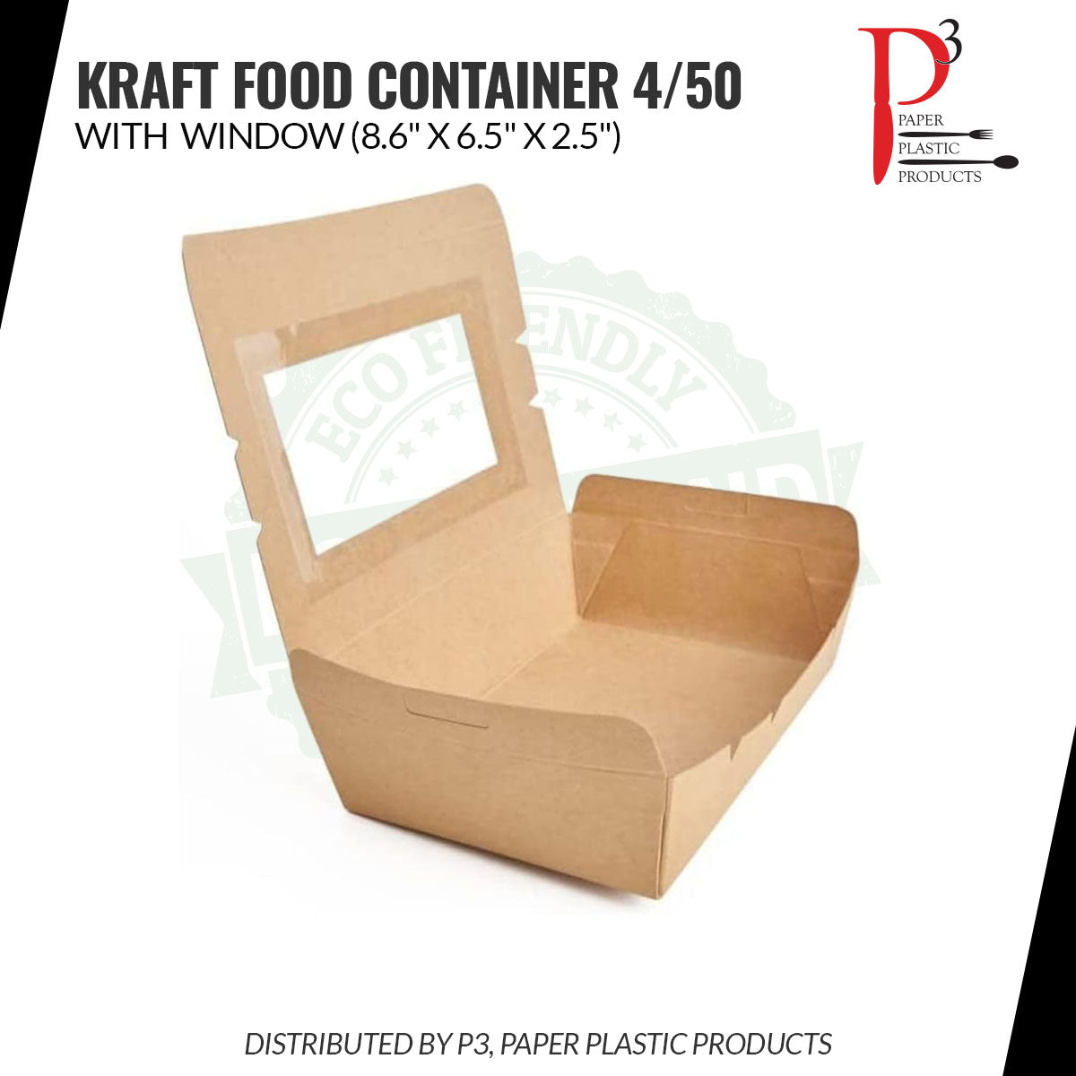 Kraft Food Container with window 8.6" x 6.5" x 2.5" 4/50