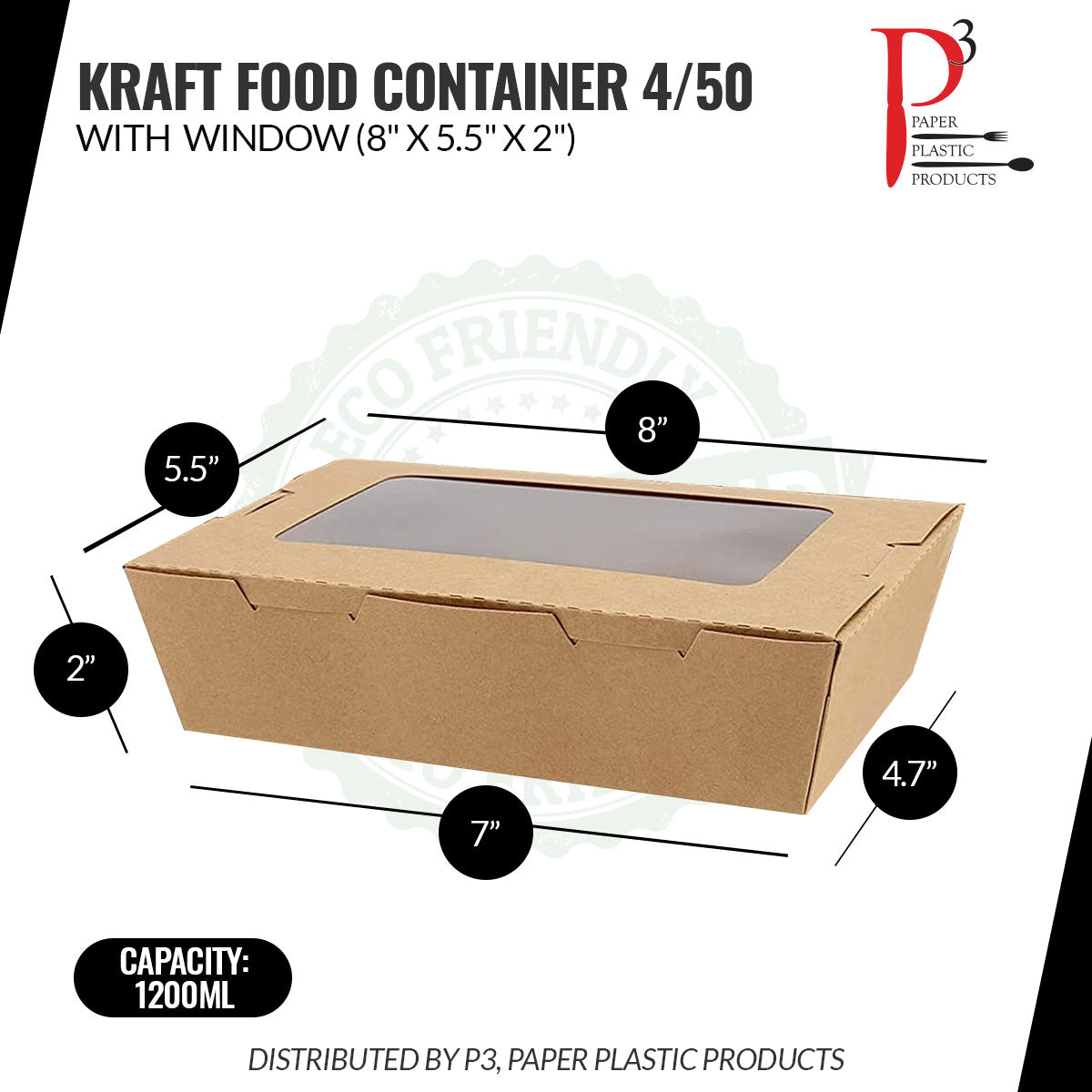 Kraft Food Container with window 8" x 5.5" x 2" 4/50