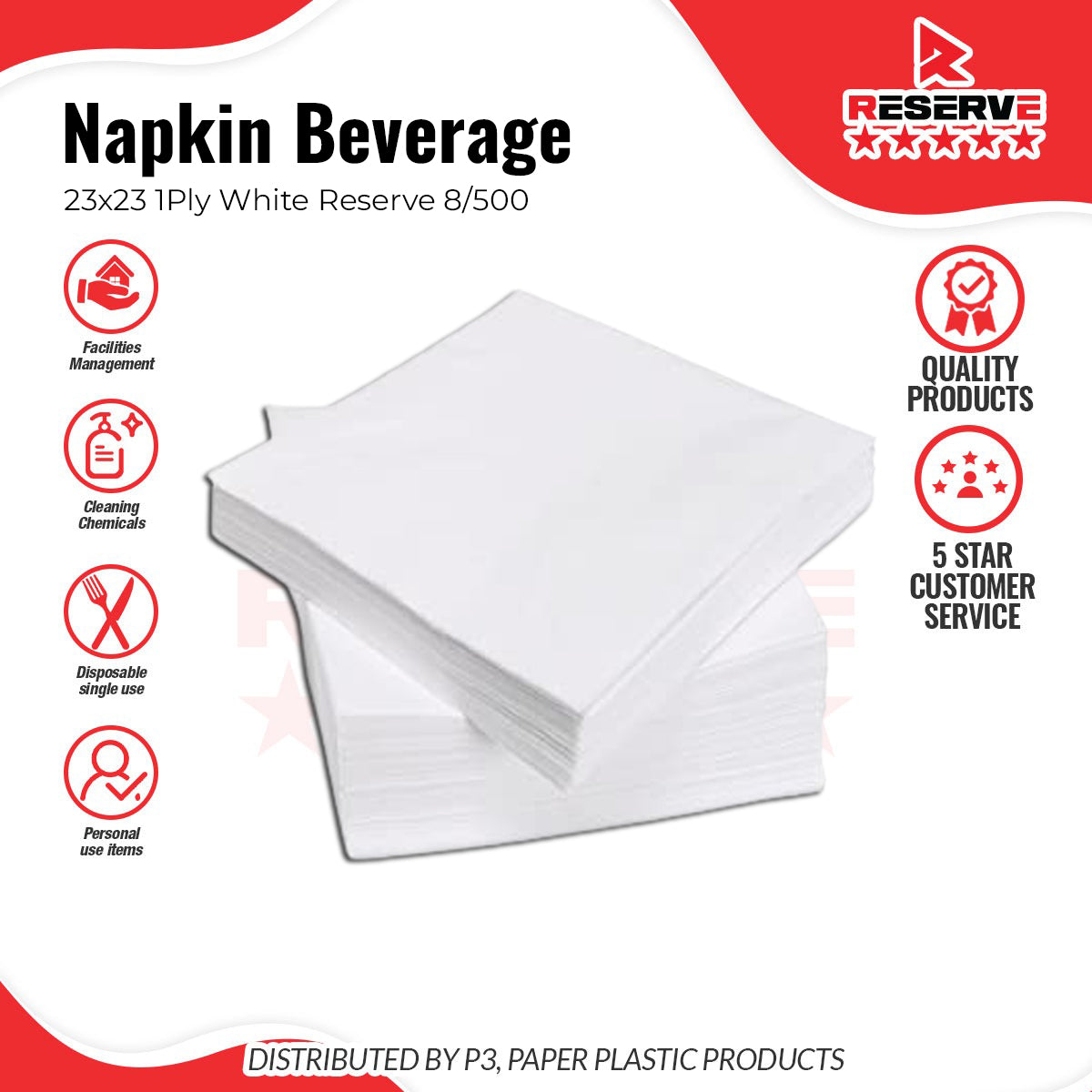 Beverage Napkins Wht 1Ply Reserve 8/500 PNB10005 [RBN81P]