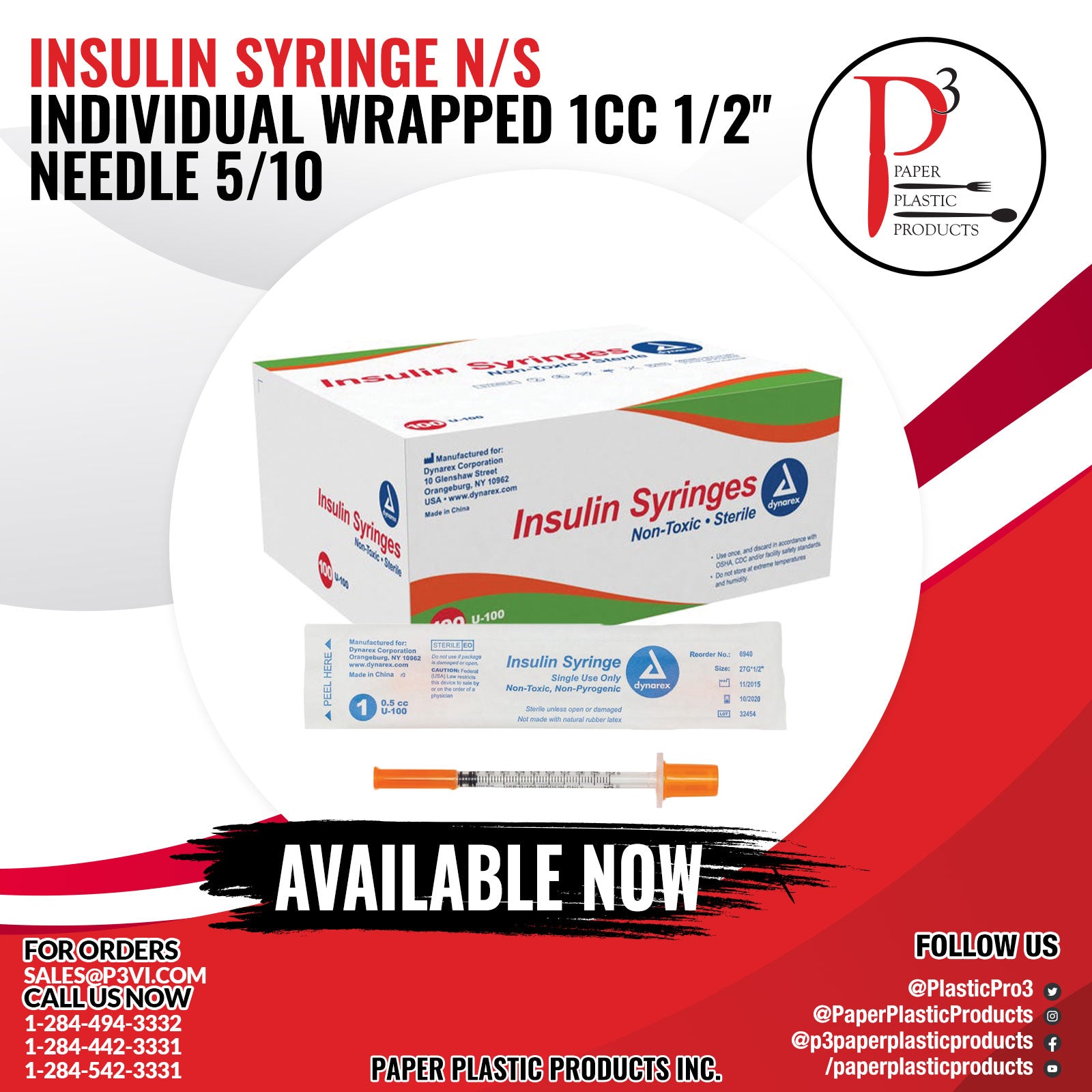 Insulin Syringe N/S Individual Wrapped 1cc 1/2" needle 5/10