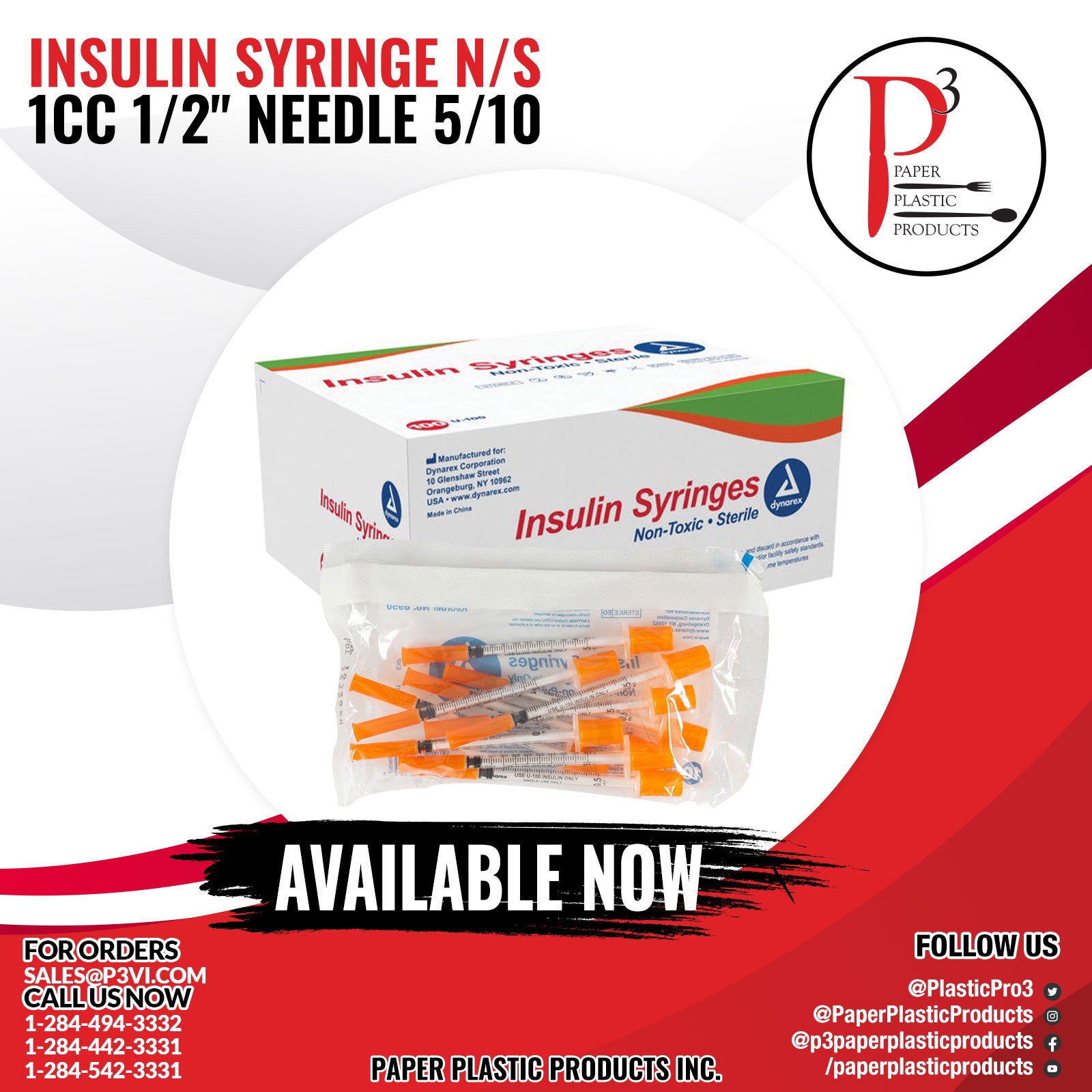 Insulin Syringe N/S 1cc 1/2" needle 5/10/10