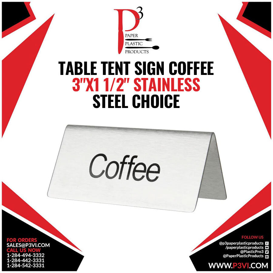 Table Tent Sign "Coffee" 3"x1 1/2" Stainless Steel Choice 1/1