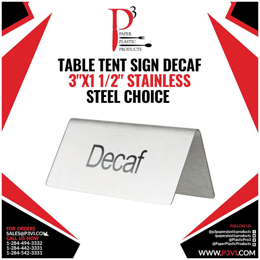 Table Tent Sign "Decaf" 3"x1 1/2" Stainless Steel Choice 1/1