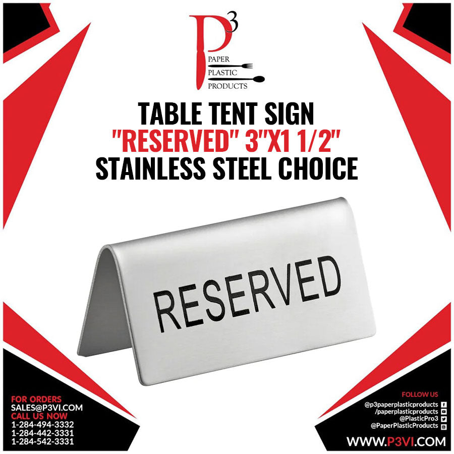 Table Tent Sign "Reserved " 3"x1 1/2" Stainless Steel Choice 1/1