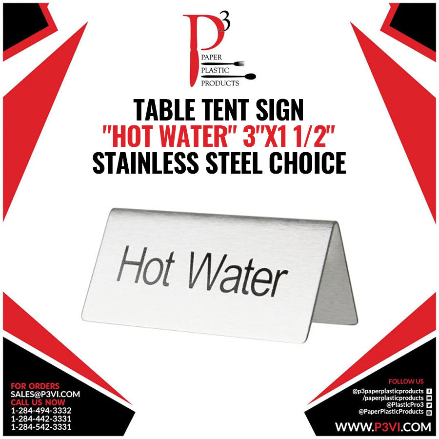 Table Tent Sign "Hot Water" 3"x1 1/2" Stainless Steel Choice 1/1