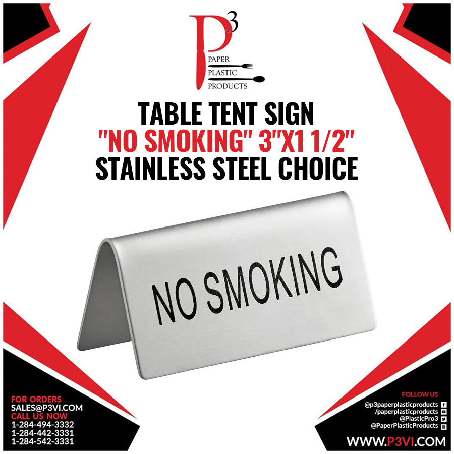 Table Tent Sign "No Smoking" 3"x1 1/2" Stainless Steel Choice 1/1