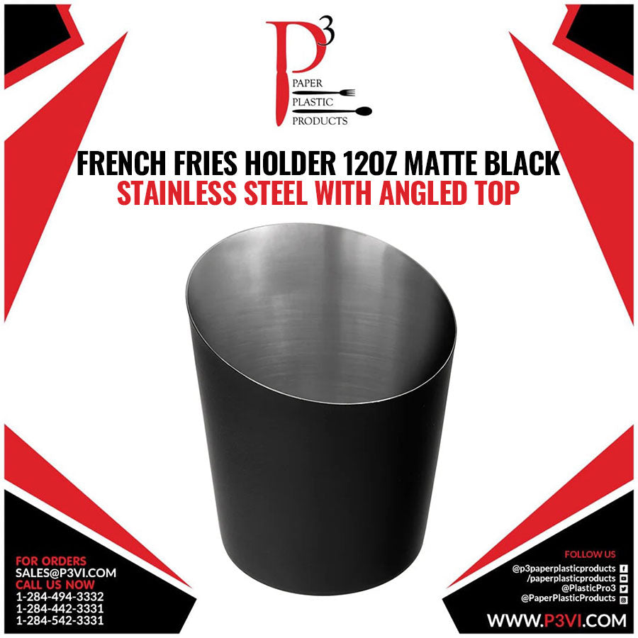 French Fries Holder 12oz Matte Black Stainless Steel with Angled Top Choice 1/1