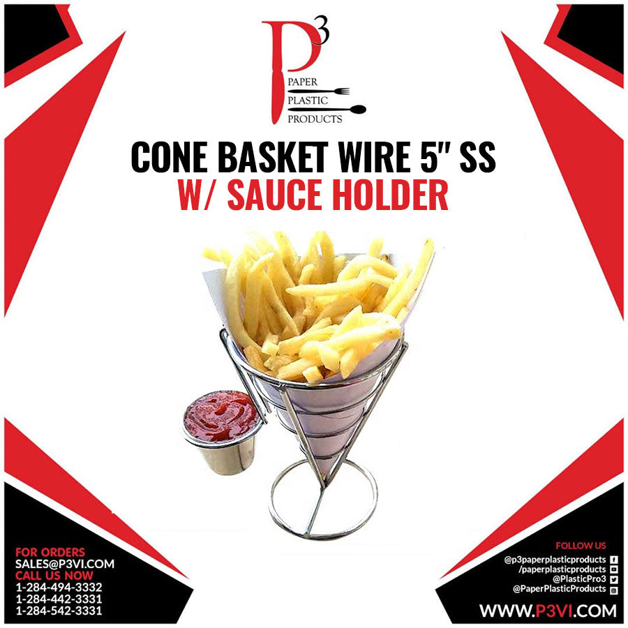 Cone Basket Wire 5" SS w/Sauce Holder 1/1