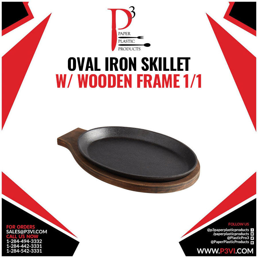 Oval Iron Skillet w/ Wooden Frame 1/1