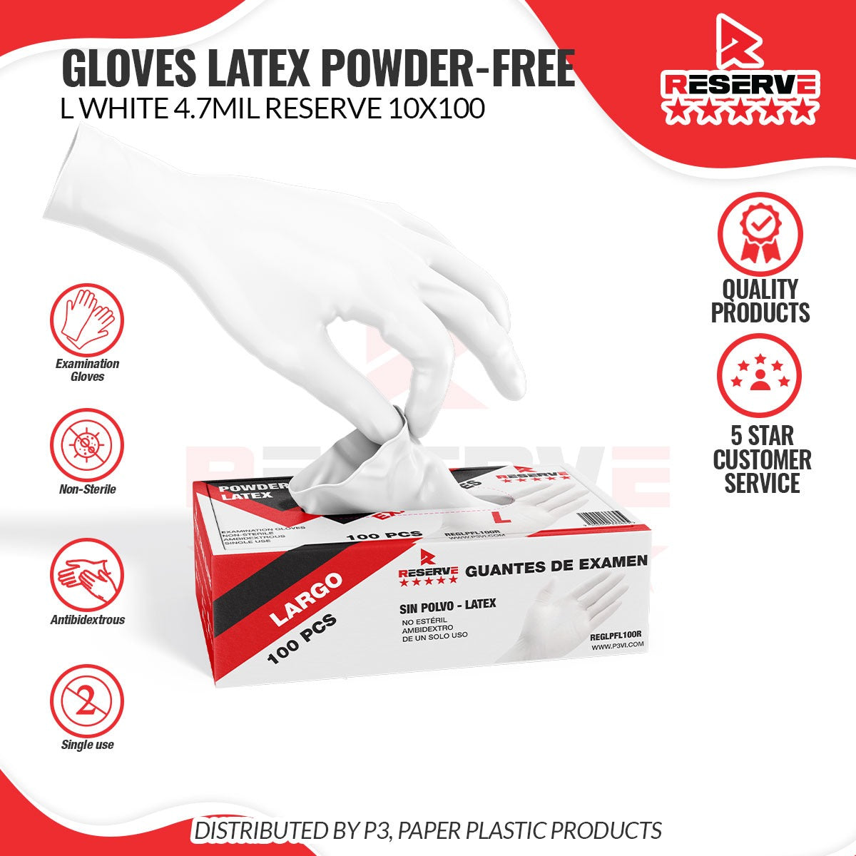 Gloves Latex Powder-Free L White 4.7mil Reserve 10/100