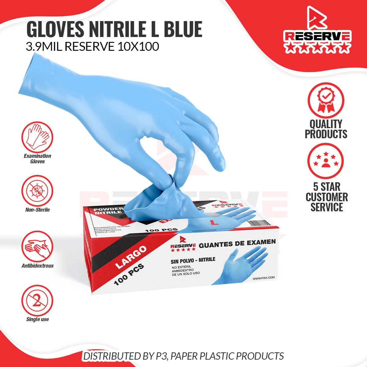 Gloves Nitrile L Blue 3.9mil Reserve 10/100