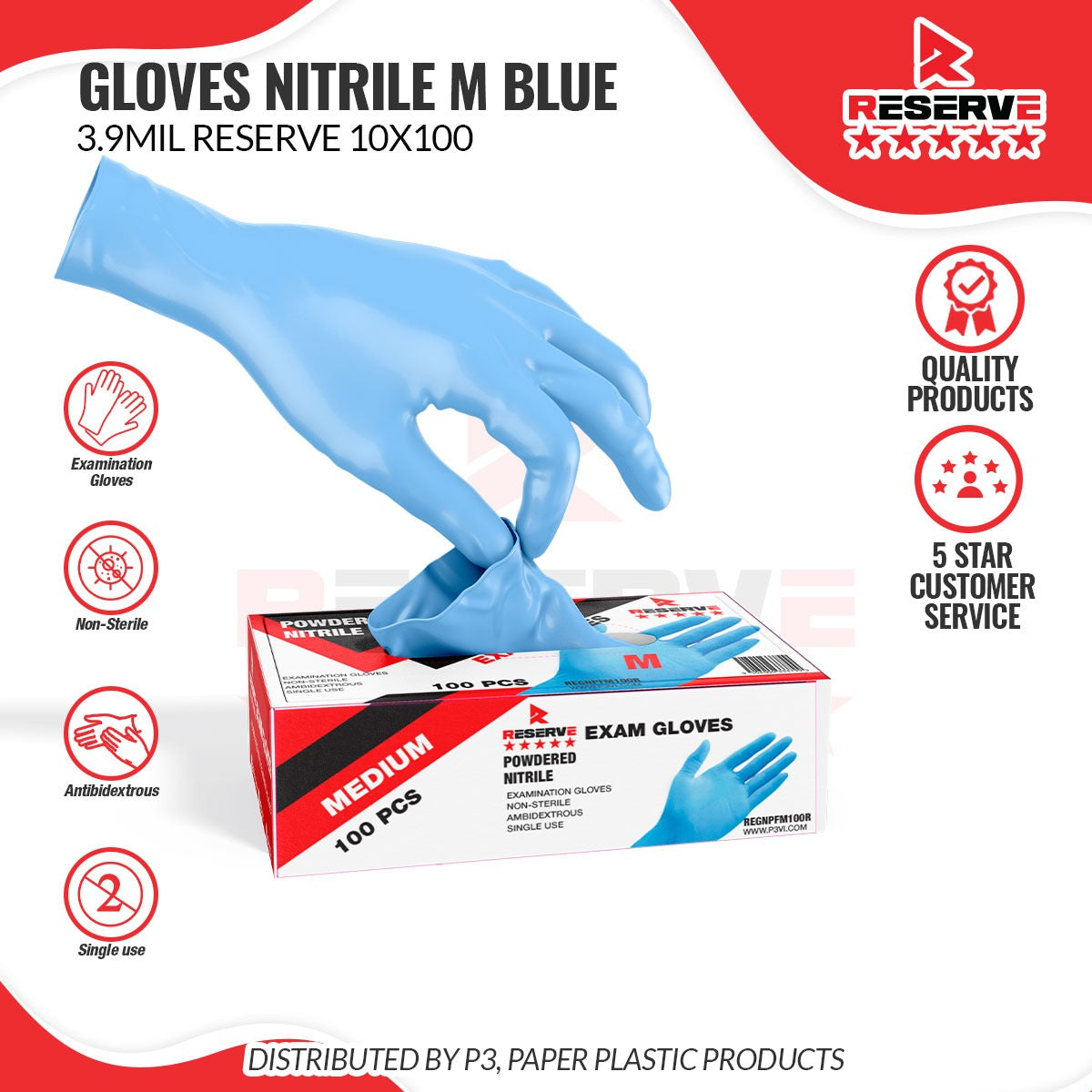 Gloves Nitrile M Blue 3.9mil Reserve 10/100