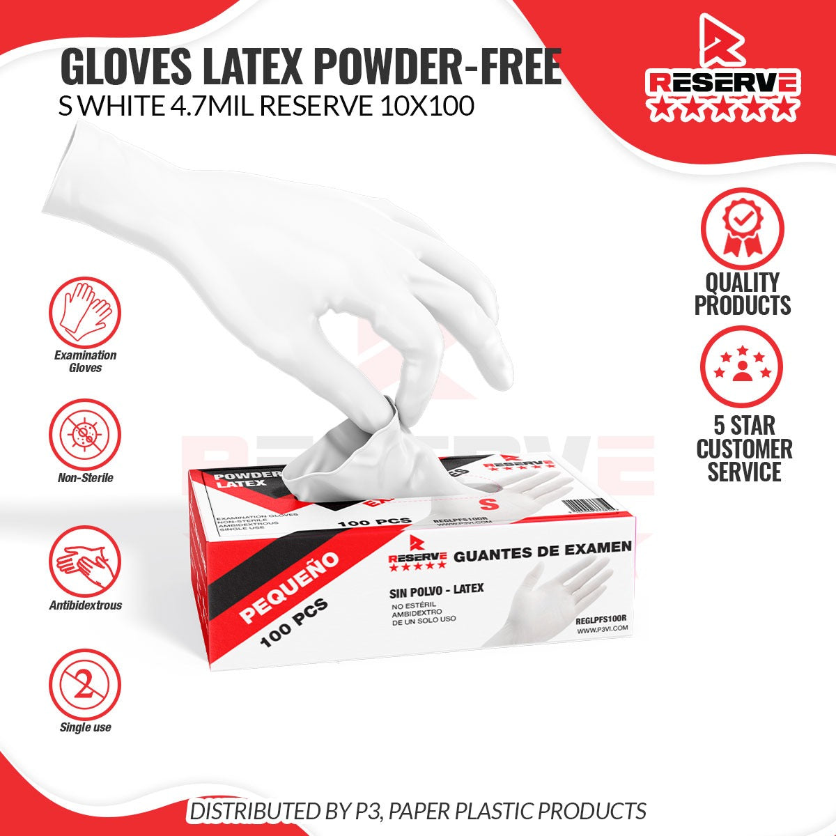 Gloves Latex Powder-Free S White 4.7mil Reserve 10/100