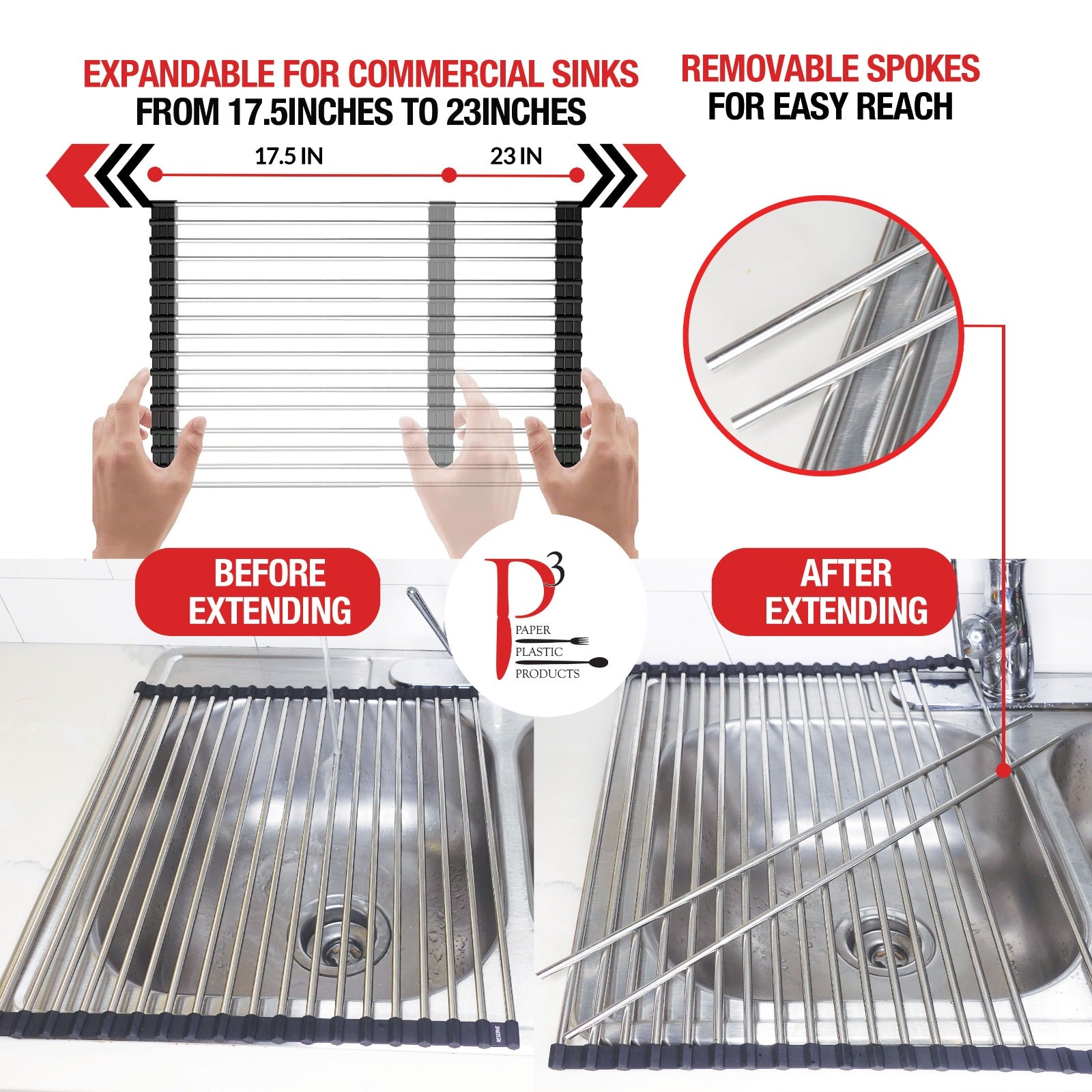 R RESERVE Upgraded, Roll up Dish Drying Over The Sink Rack Mat with Stainless Steel Wires, Rollable, Large, Black/Silver, (15.5
