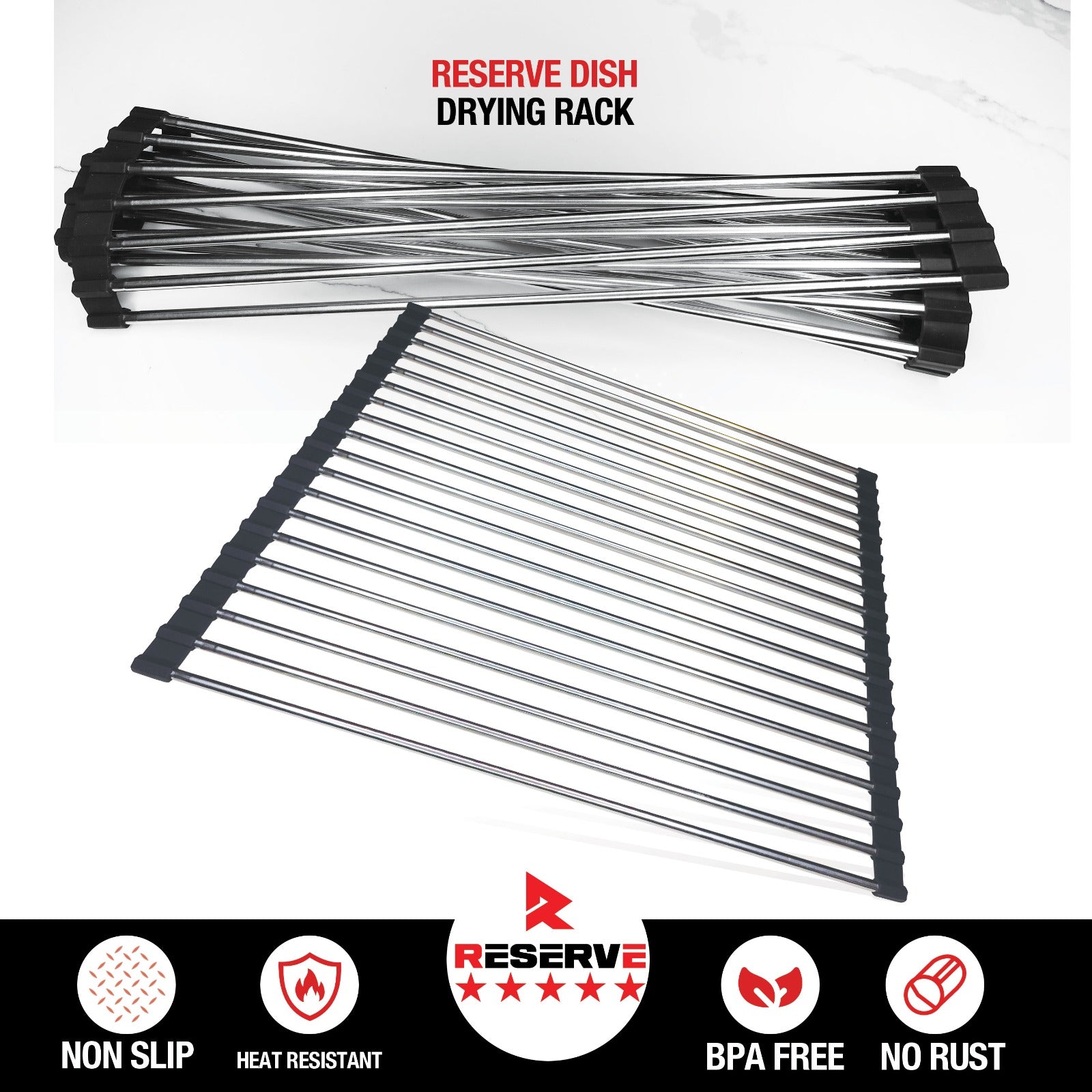 R RESERVE Upgraded, Roll up Dish Drying Over The Sink Rack Mat with Stainless Steel Wires, Rollable, Large, Black/Silver, (15.5" x 23")