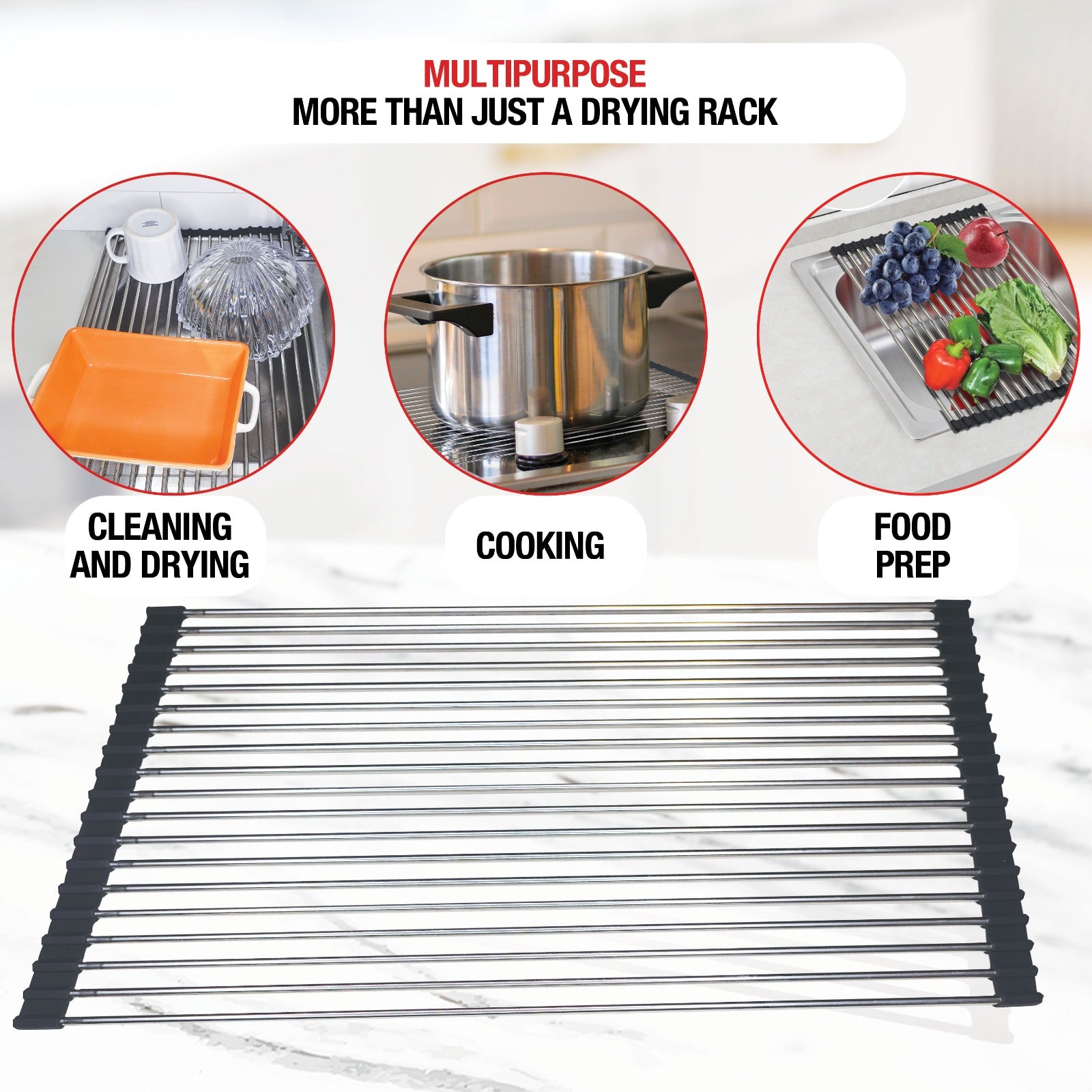 R RESERVE Upgraded, Roll up Dish Drying Over The Sink Rack Mat with Stainless Steel Wires, Rollable, Large, Black/Silver, (15.5